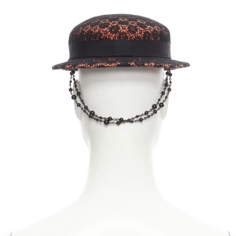 MAISON MICHEL black floral lace orange felt black pearl chain fedora hat 52cm