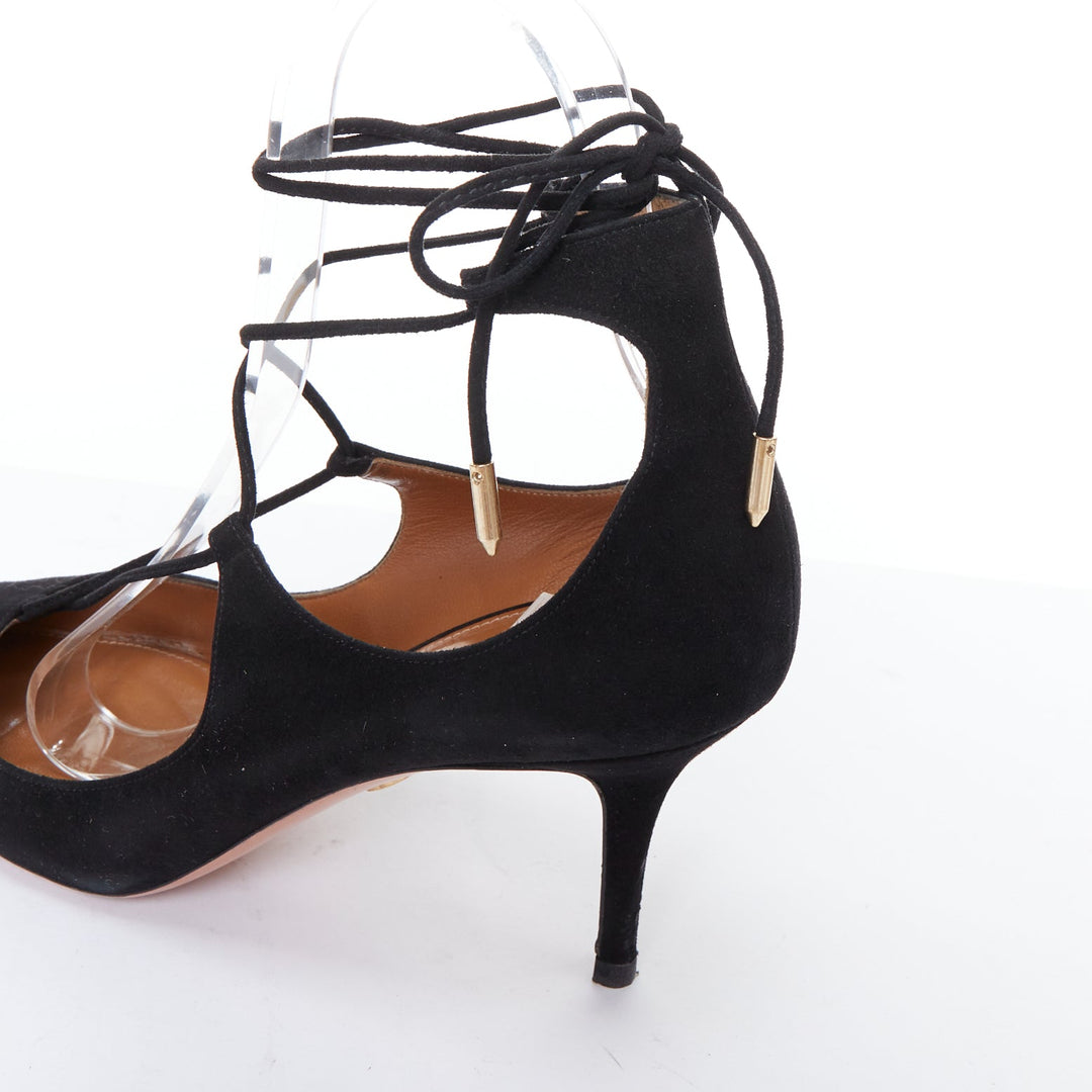 AQUAZZURA Christy 75 black suede lace up pointy mid pumps EU39