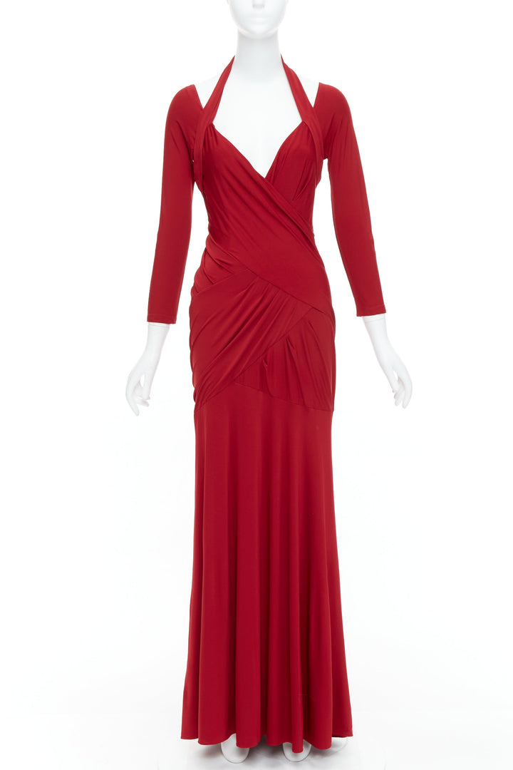 DONNA KARAN red halter plunge tucked draped evening gown dress L