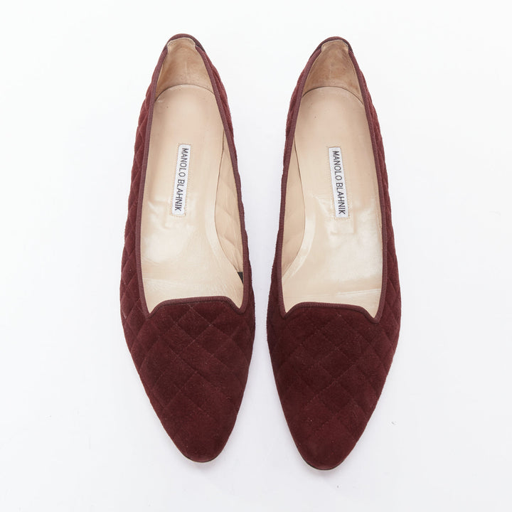 MANOLO BLAHNIK burgundy quilted suede square toe loafer flats EU39