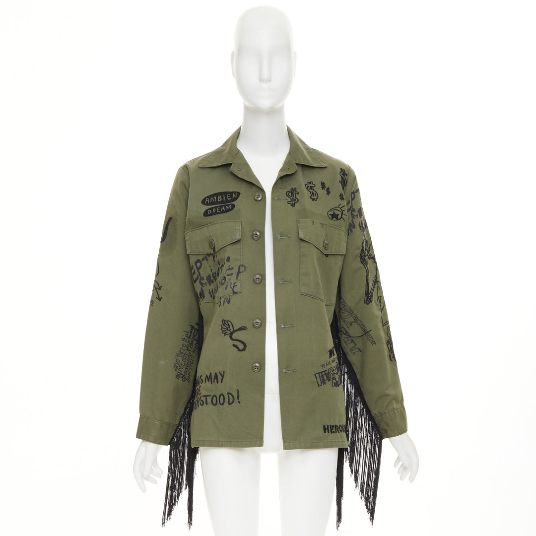 R13 2019 Repurposed Embroidered Surplus Fringe olive military shirt OS