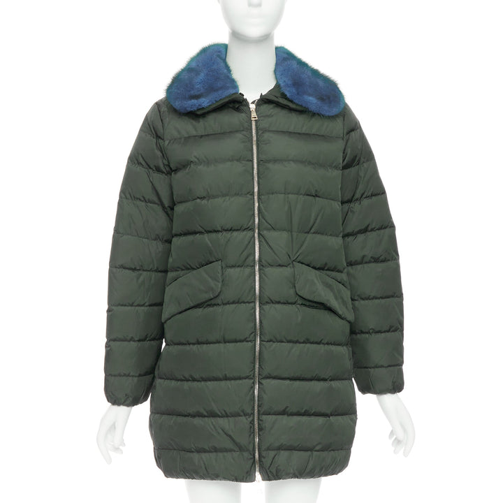 MONCLER Indis Giabotto blue fur collar khaki quilt puffer jacket Sz1