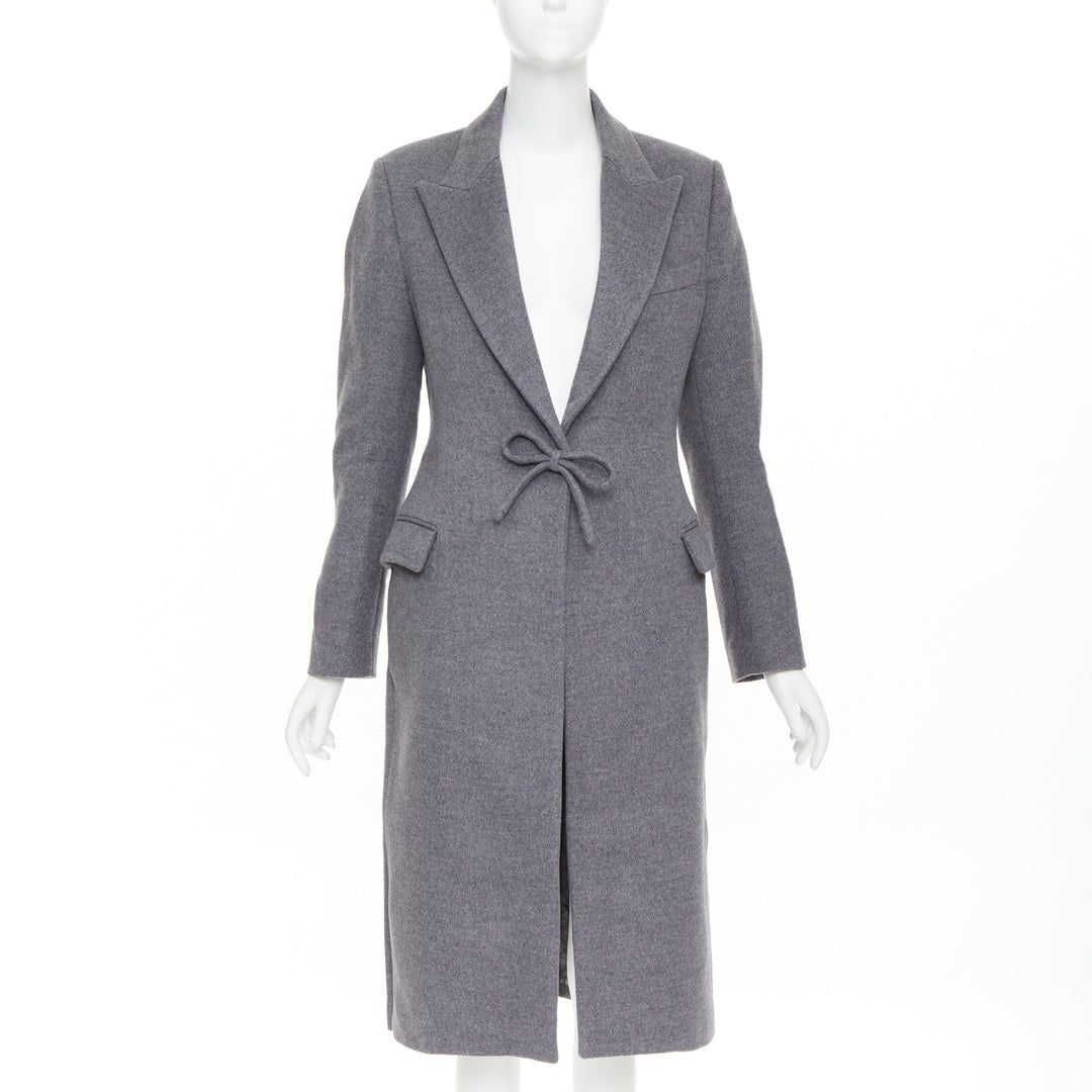 VALENTINO grey wool flannel bow tie front panelled long tailored coat IT38 XS
