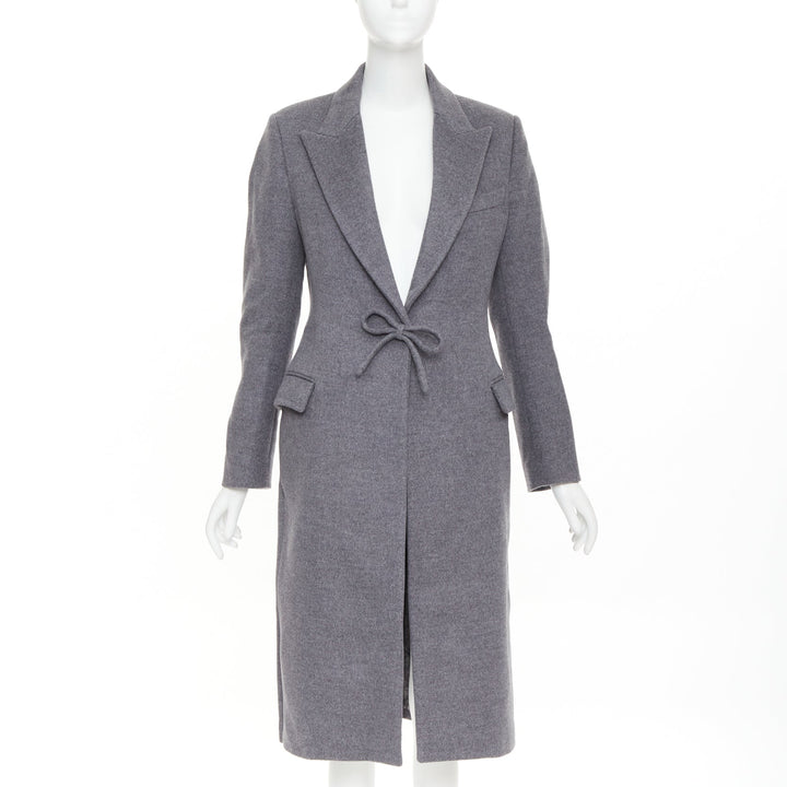 VALENTINO grey wool flannel bow tie front panelled long tailored coat IT38 XS