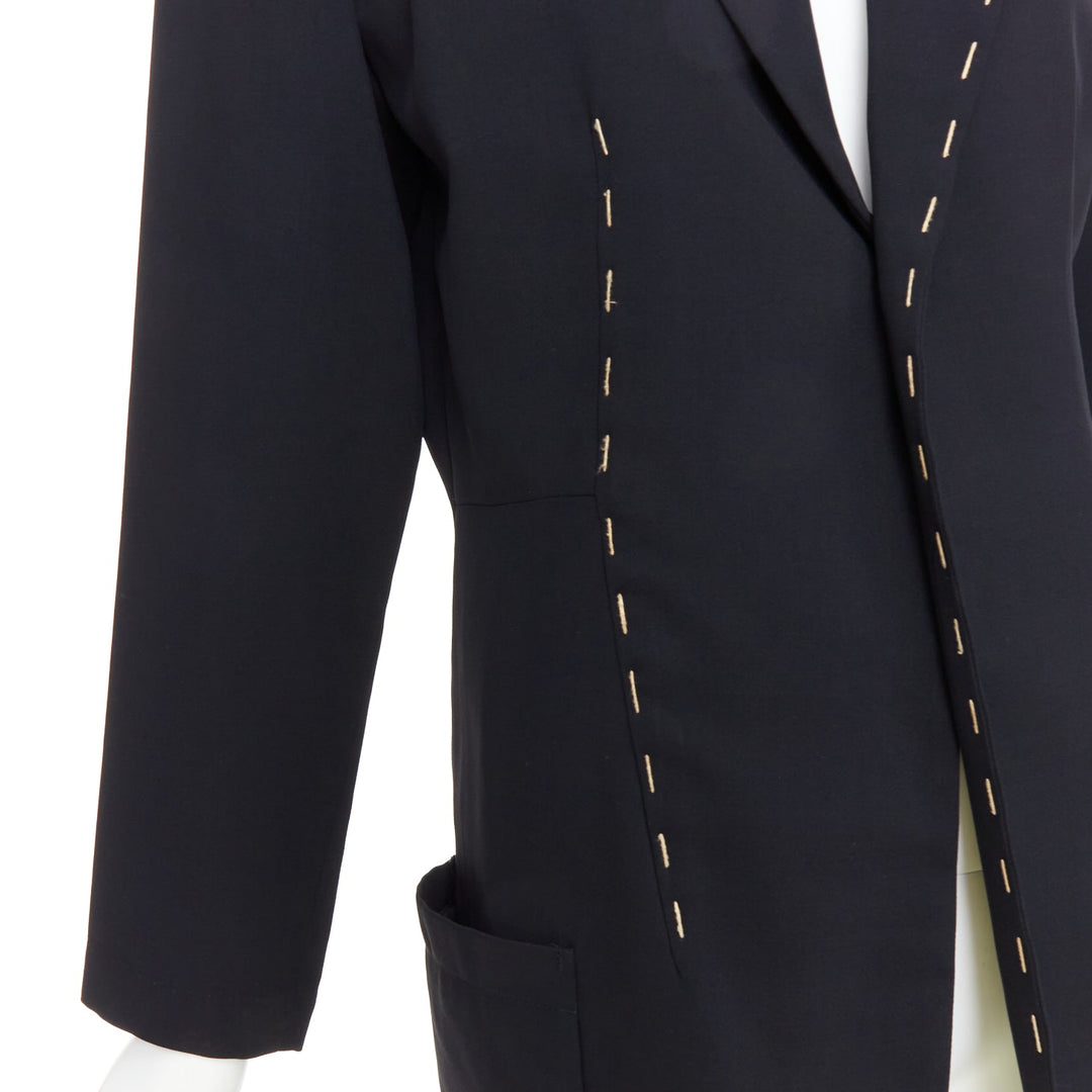 YOHJI YAMAMOTO black wool blend handstitched detail long blazer coat S