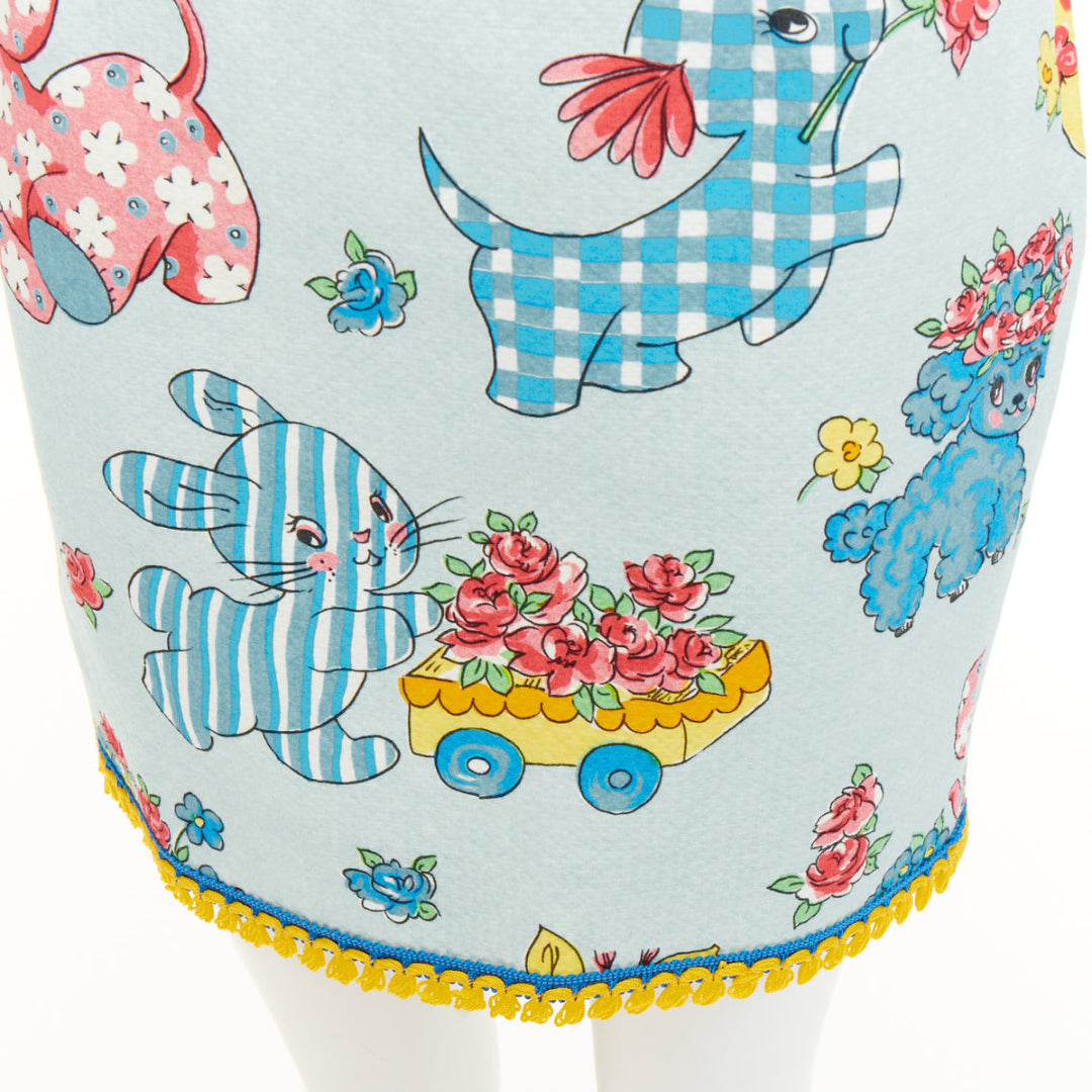 MOSCHINO 2022 Runway Calico Animals Piquet Nursery blue mini skirt IT38 XS