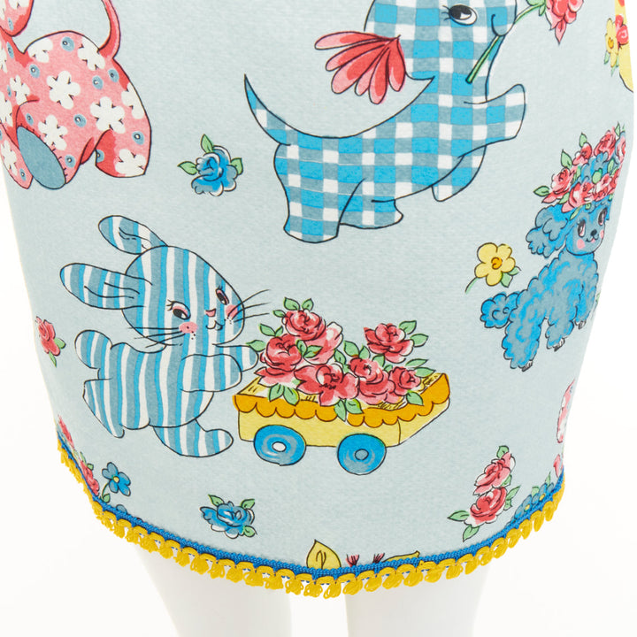 MOSCHINO 2022 Runway Calico Animals Piquet Nursery blue mini skirt IT38 XS