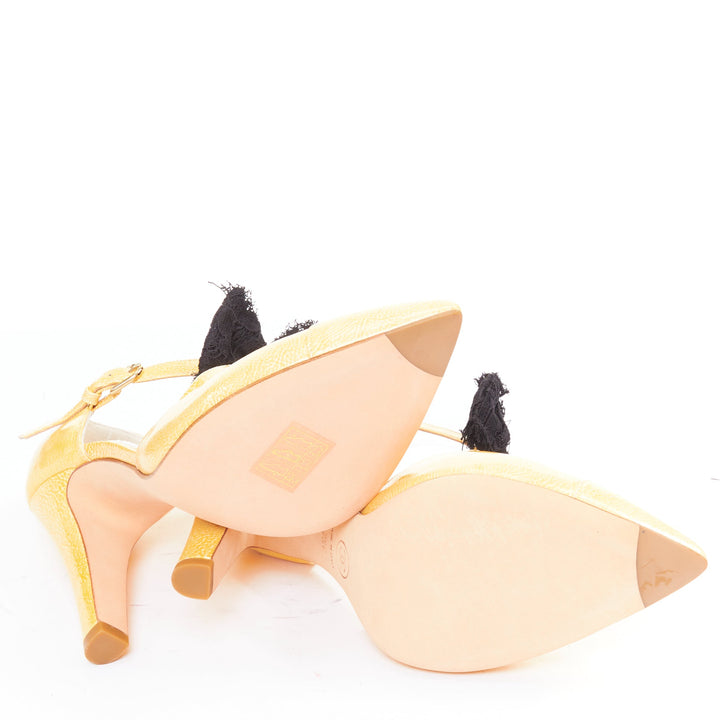 CHANEL 14C butter yellow patent leather CC logo bow maryjane pumps EU37.5