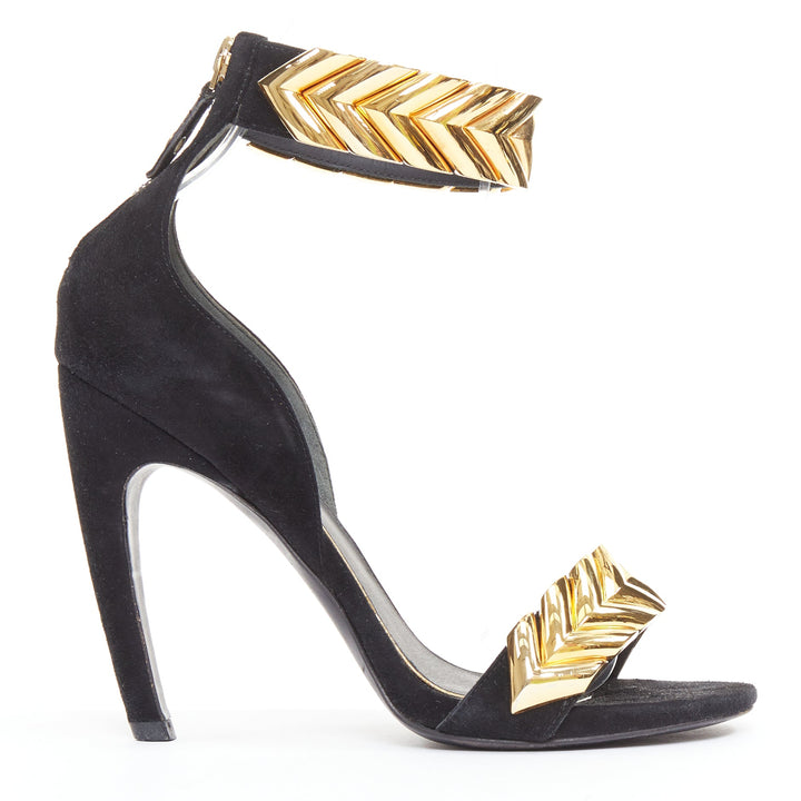 LOUIS VUITTON V Symphony black suede gold hardware high heel sandals EU38