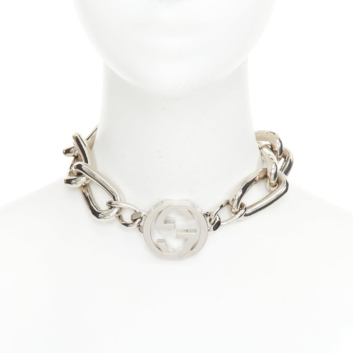 GUCCI 2024 Runway punk oversized link XL GG silver tone choker necklace