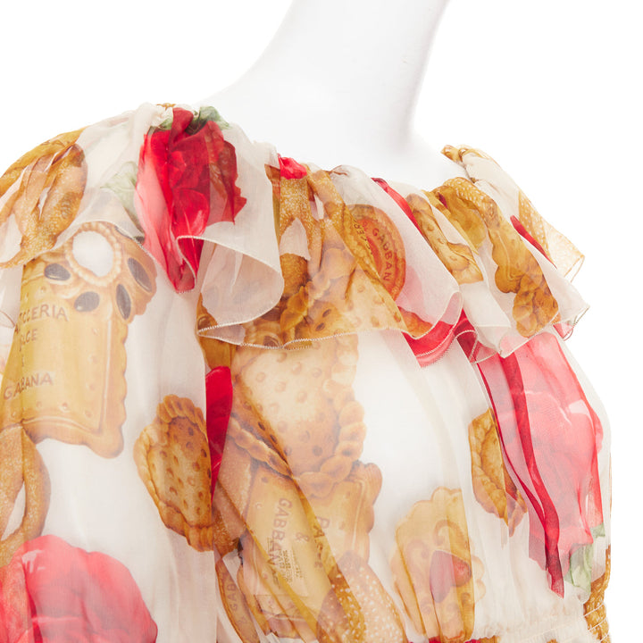 DOLCE GABBANA 2018 Cookie Rose print smocked ruffle sheer silk top IT38 XS