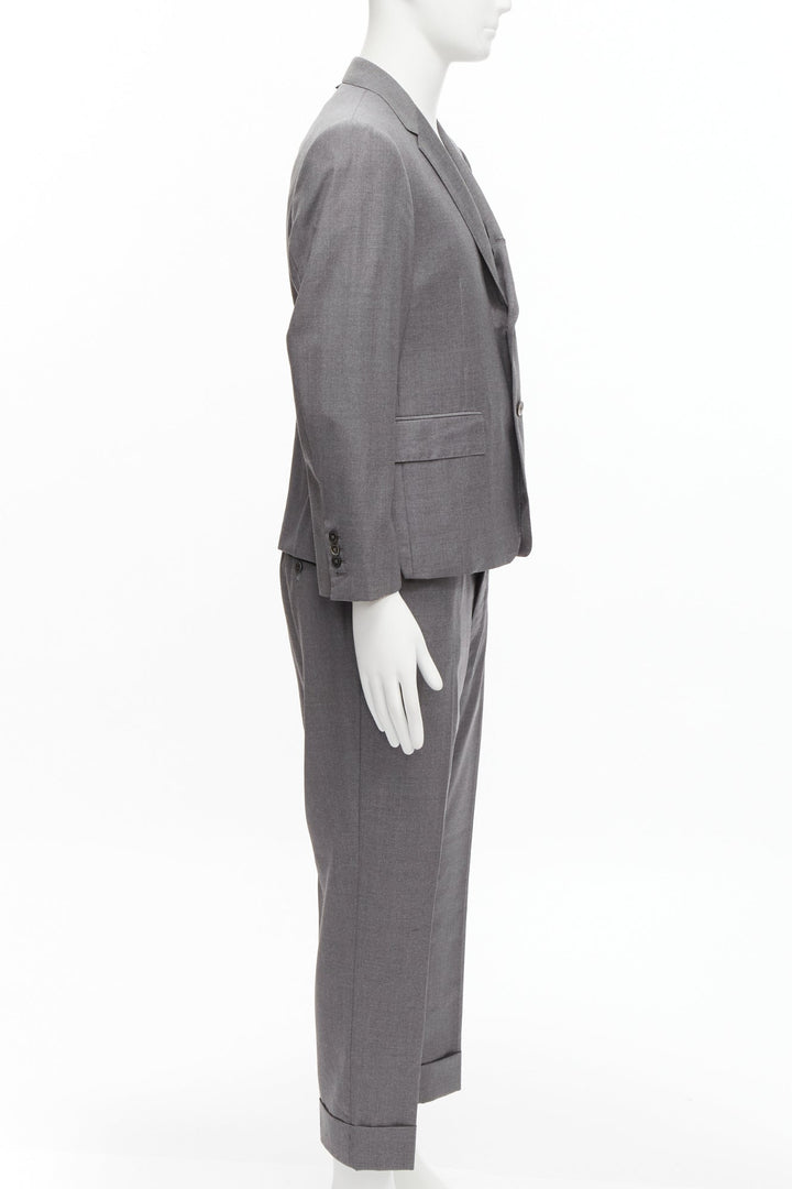 THOM BROWNE 100% wool grey single breast 2-button blazer pants suit SZ. 3 L