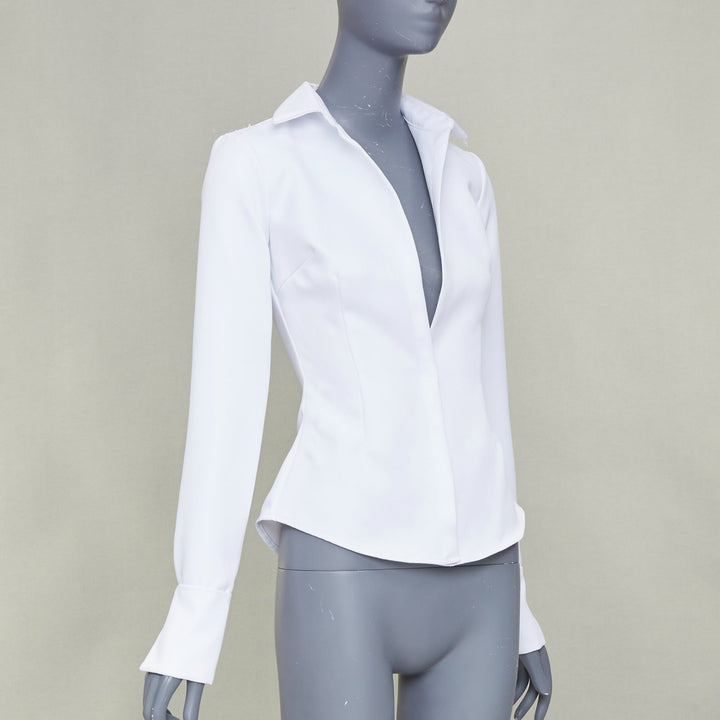 LAQUAN SMITH 2022 white darted crisp plunge neck collar fitted shirt XS