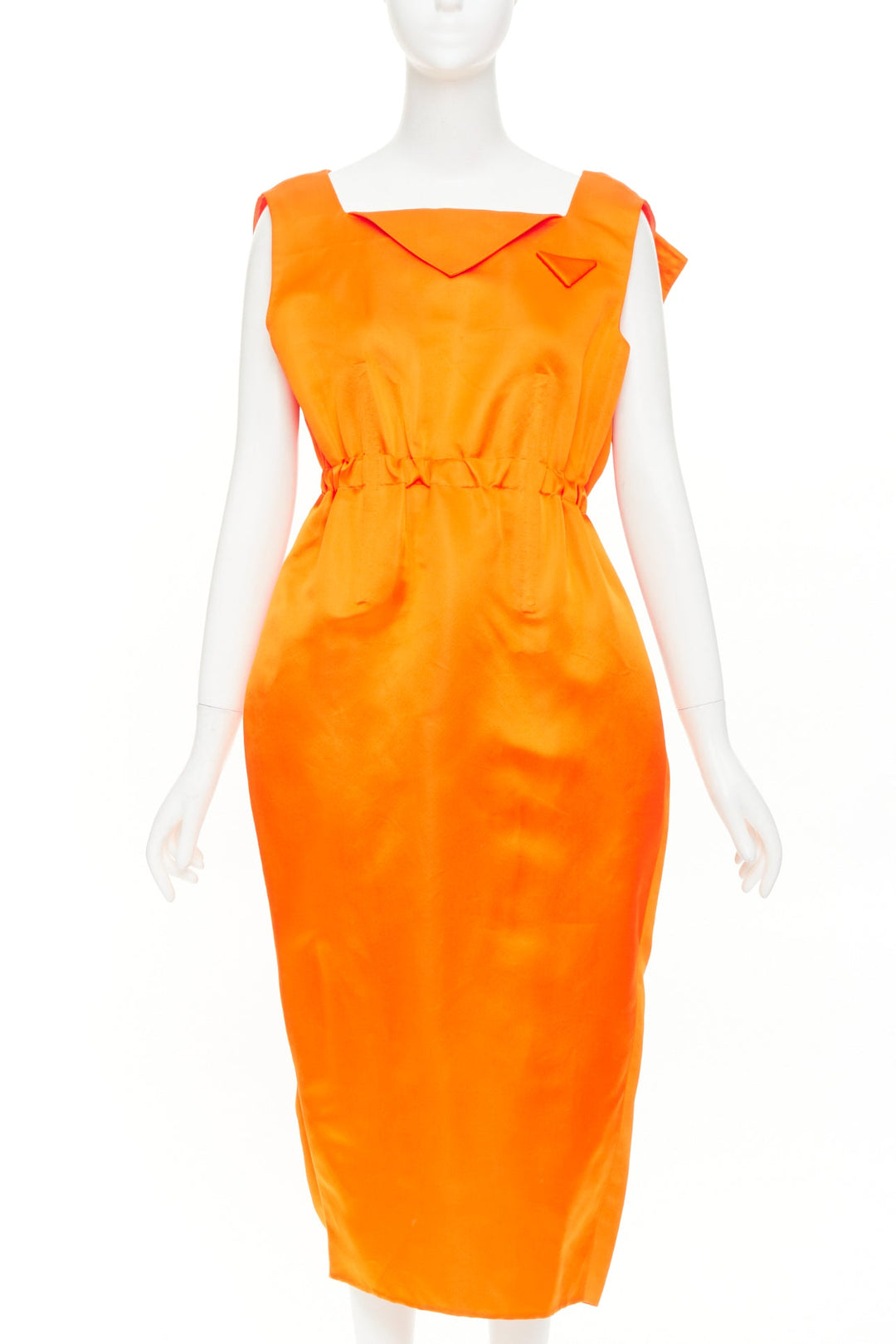 PRADA 2022 Runway orange satin triangle patch internal belt undone dress IT42