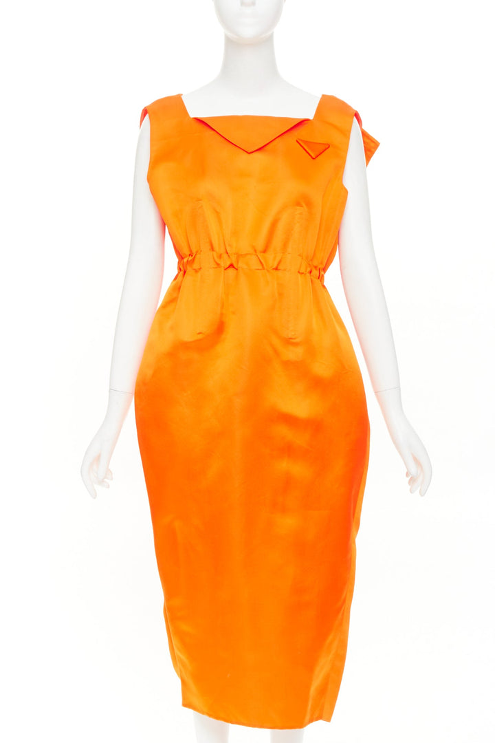 PRADA 2022 Runway orange satin triangle patch internal belt undone dress IT42