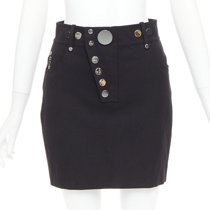 ALEXANDER WANG black virgin wool mirrored silver snap buttons skirt US2 S