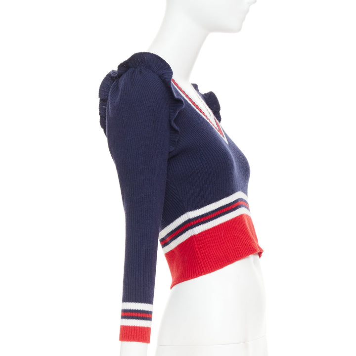 GUCCI 2017 Runway navy red ruffled shoulder cropped V-neck striped sweater XS