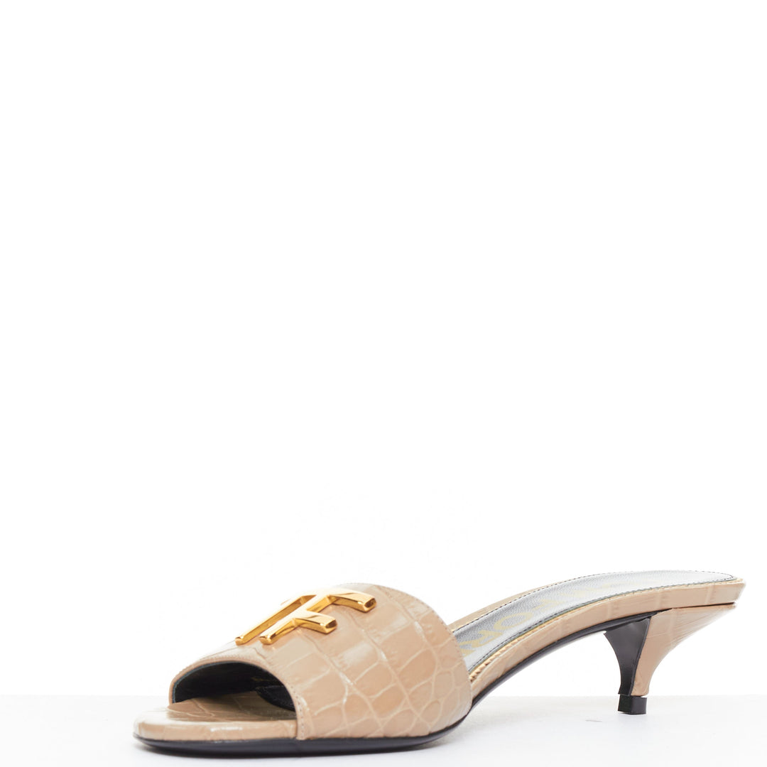 TOM FORD taupe croc embossed calfskin gold TF logo kitten heel sandal EU36
