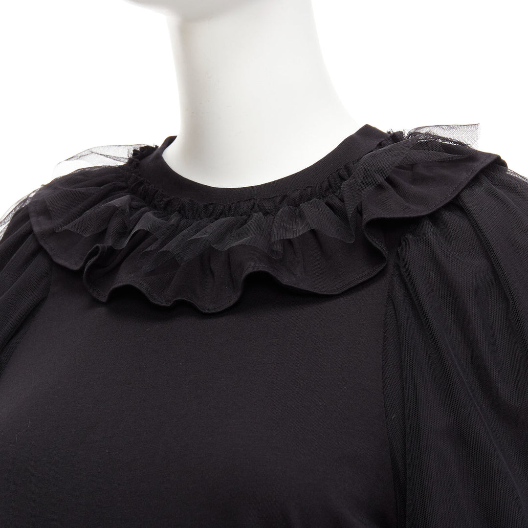 SIMONE ROCHA black cotton sheer overlay puff sleeves ruffle tshirt XS