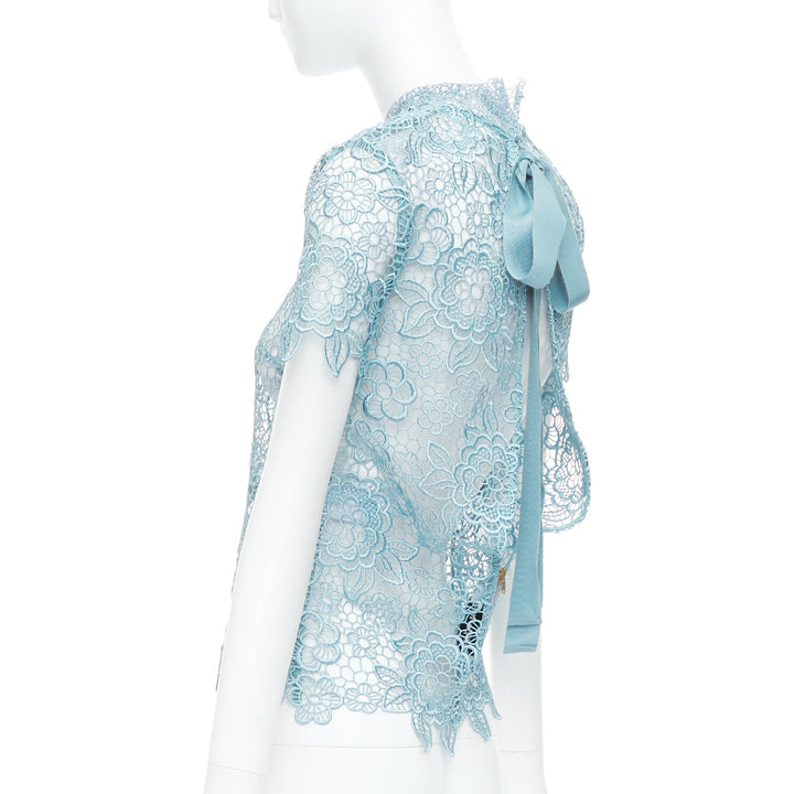 SELF PORTRAIT Guipure sky blue lace open-back scallop top UK6 XS