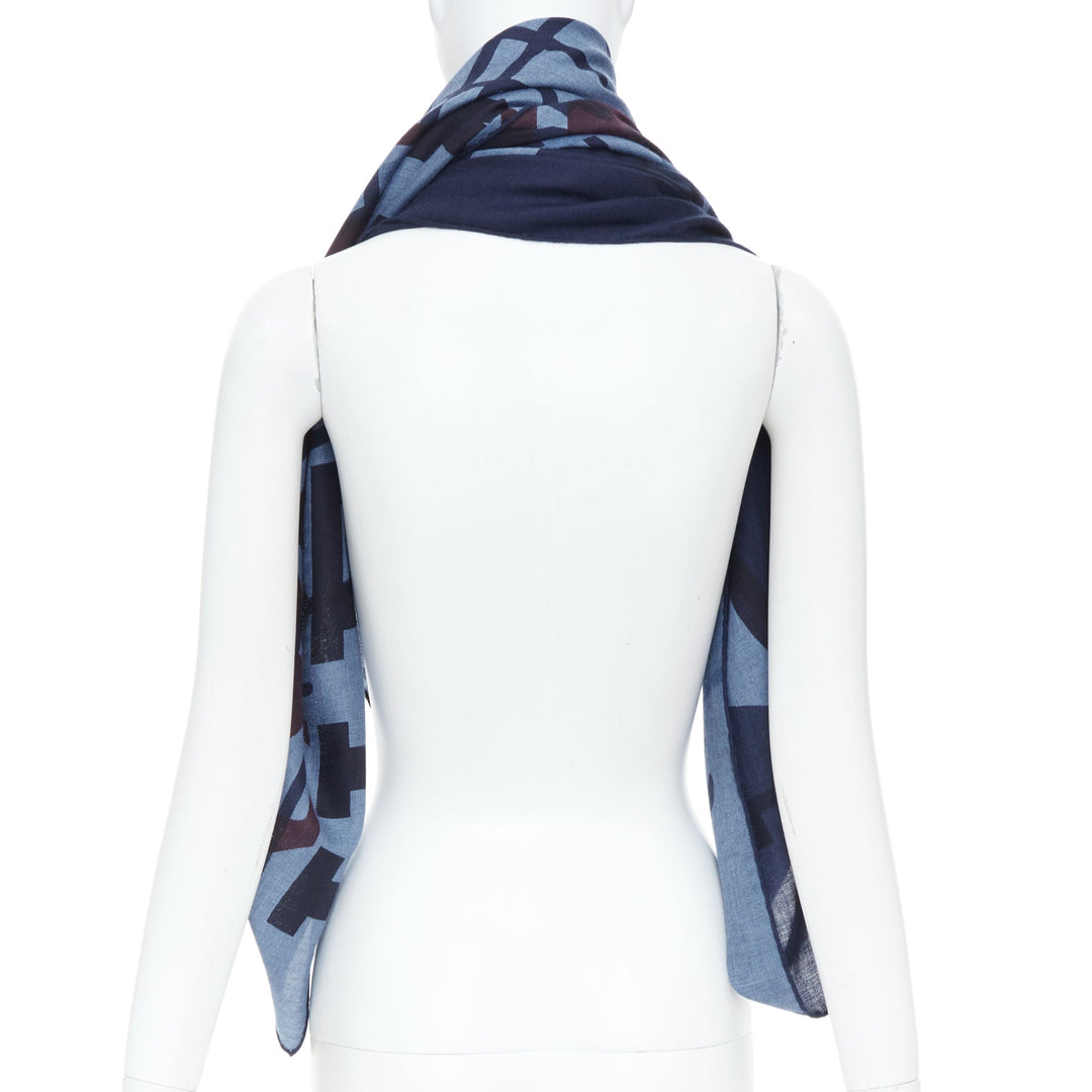 HERMES Imprimeur Fou Brides et Frontaux 140cm navy printed cashmere silk shawl