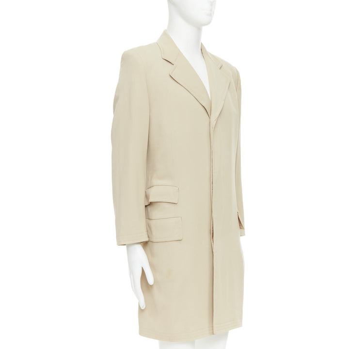 HERMES beige 100% wool twill horn buttons minimal long coat IT46 S