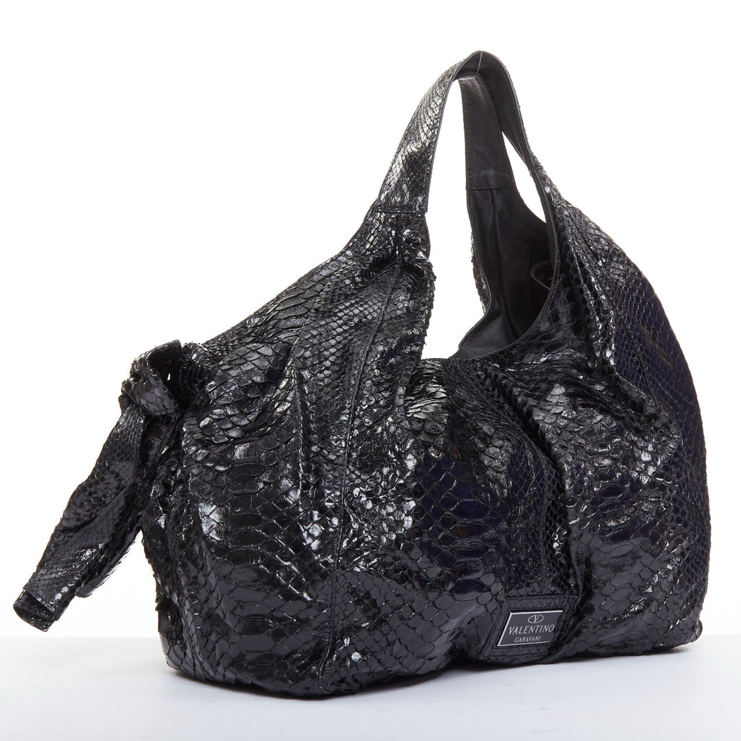 VALENTINO black shiny snakeskin leather bow side shoulder hobo bag