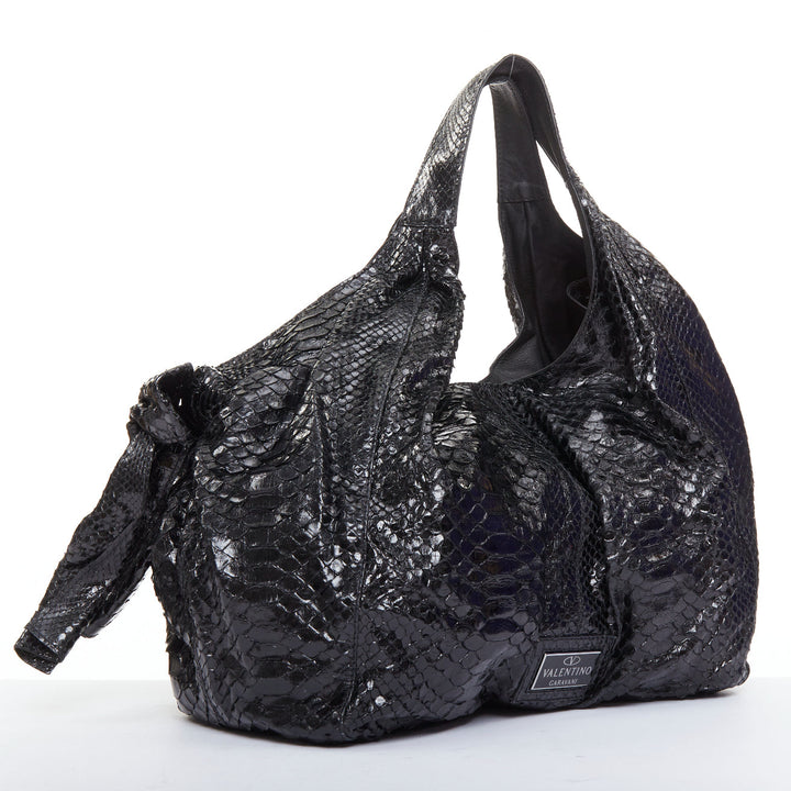 VALENTINO black shiny snakeskin leather bow side shoulder hobo bag