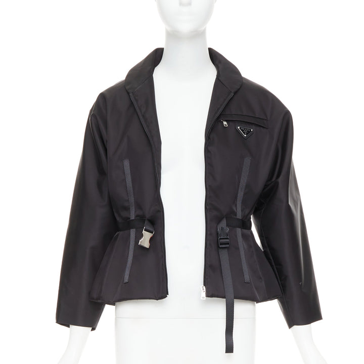 PRADA 2021 Re-Nylon black silver triangle logo contour waist belt jacket IT42 M