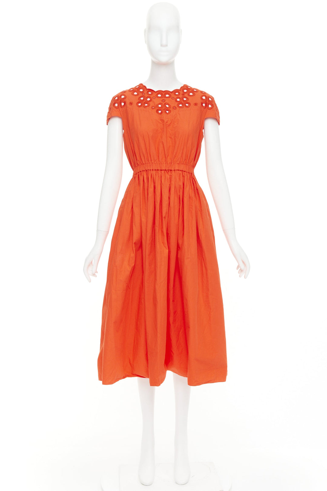 FENDI orange poplin embroidered eyelets ruched cap sleeve sundress