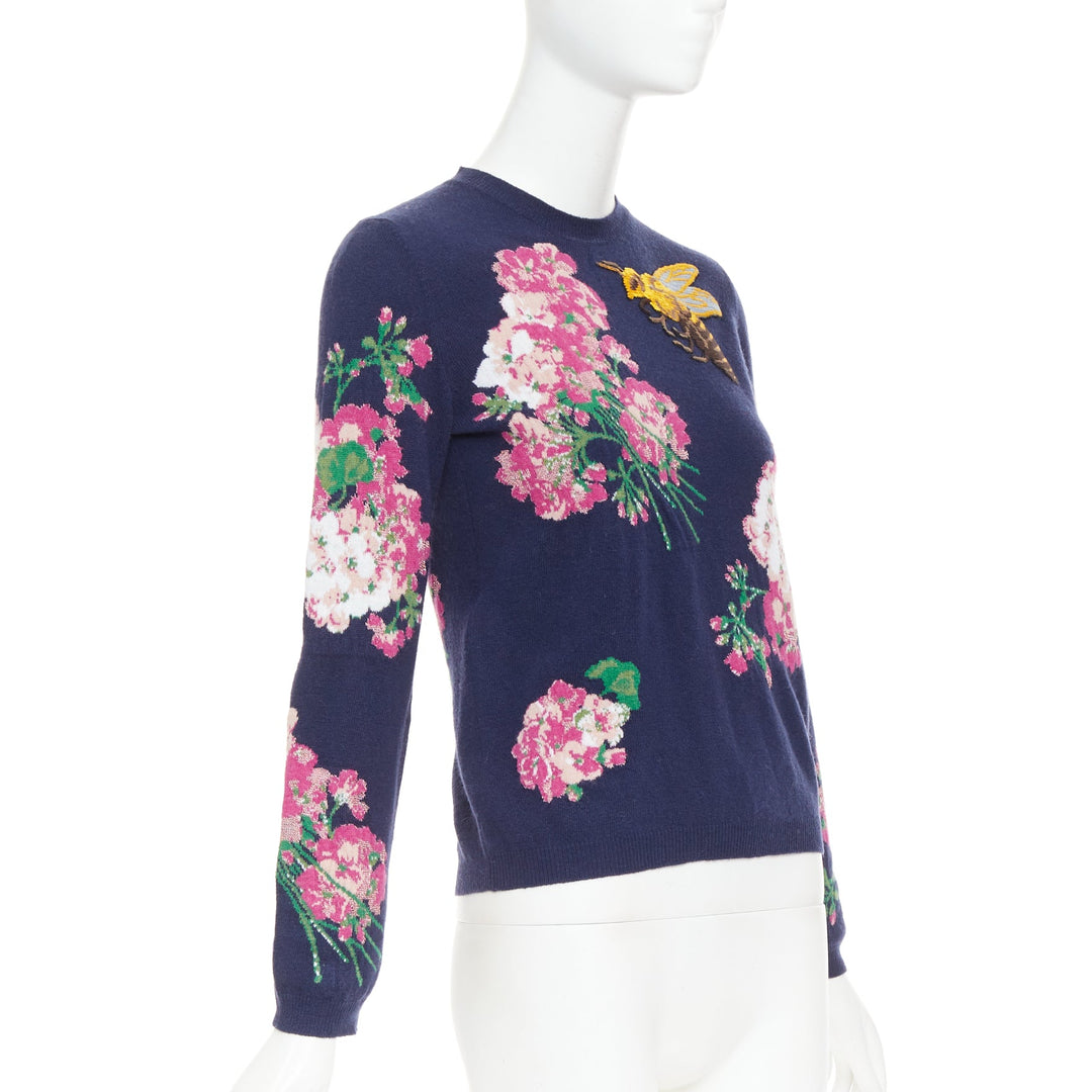 GUCCI 2017navy wool Floral  Bee needlepoint embroidery sweater XS