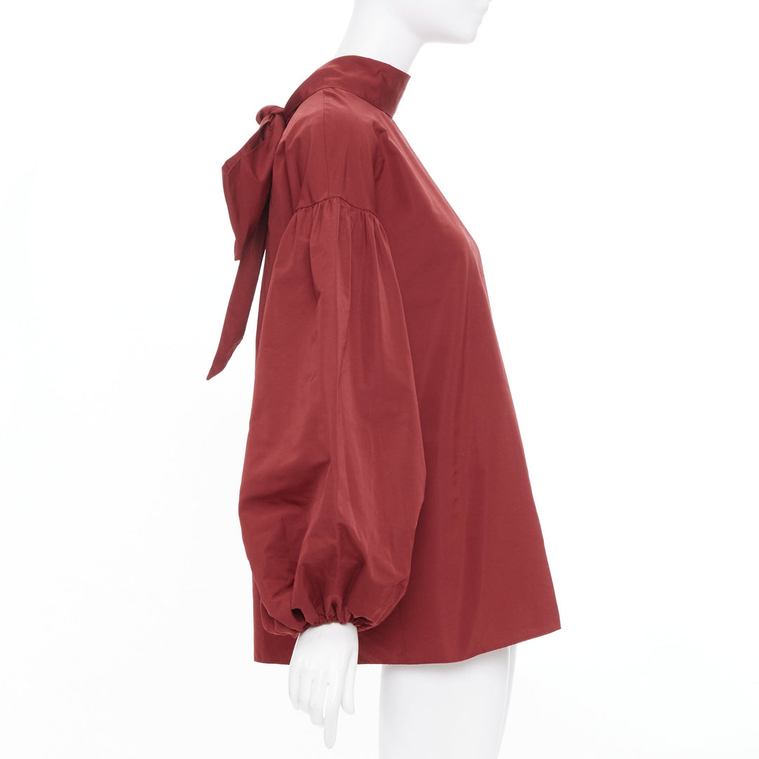 VALENTINO dark red cotton mock neck oversized volume puff sleeve top IT40 S