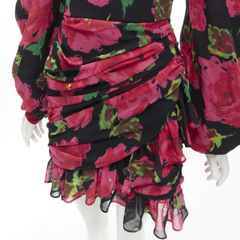 RICHARD QUINN 2020 black red rose print wrap skirt puff sleeve 80's dress UK8 XS