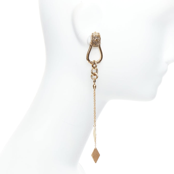 ETRO gold ethnic carvings charm chain drop clip on earring Single