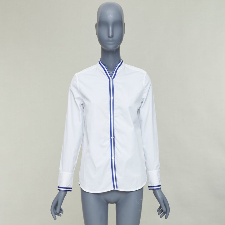 HERMES white blue 100% cotton nautical stripes short collar shirt FR34 XS
