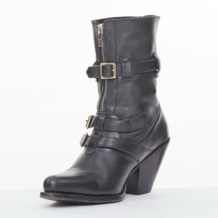 CELINE Phoebe Philo Berlin black leather triple buckle front zip biker boot EU36