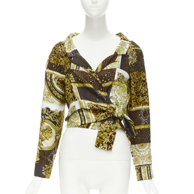 VERSACE 2021 Mosaic Barocco 100% silk print wrap tie cropped shirt IT38 XS