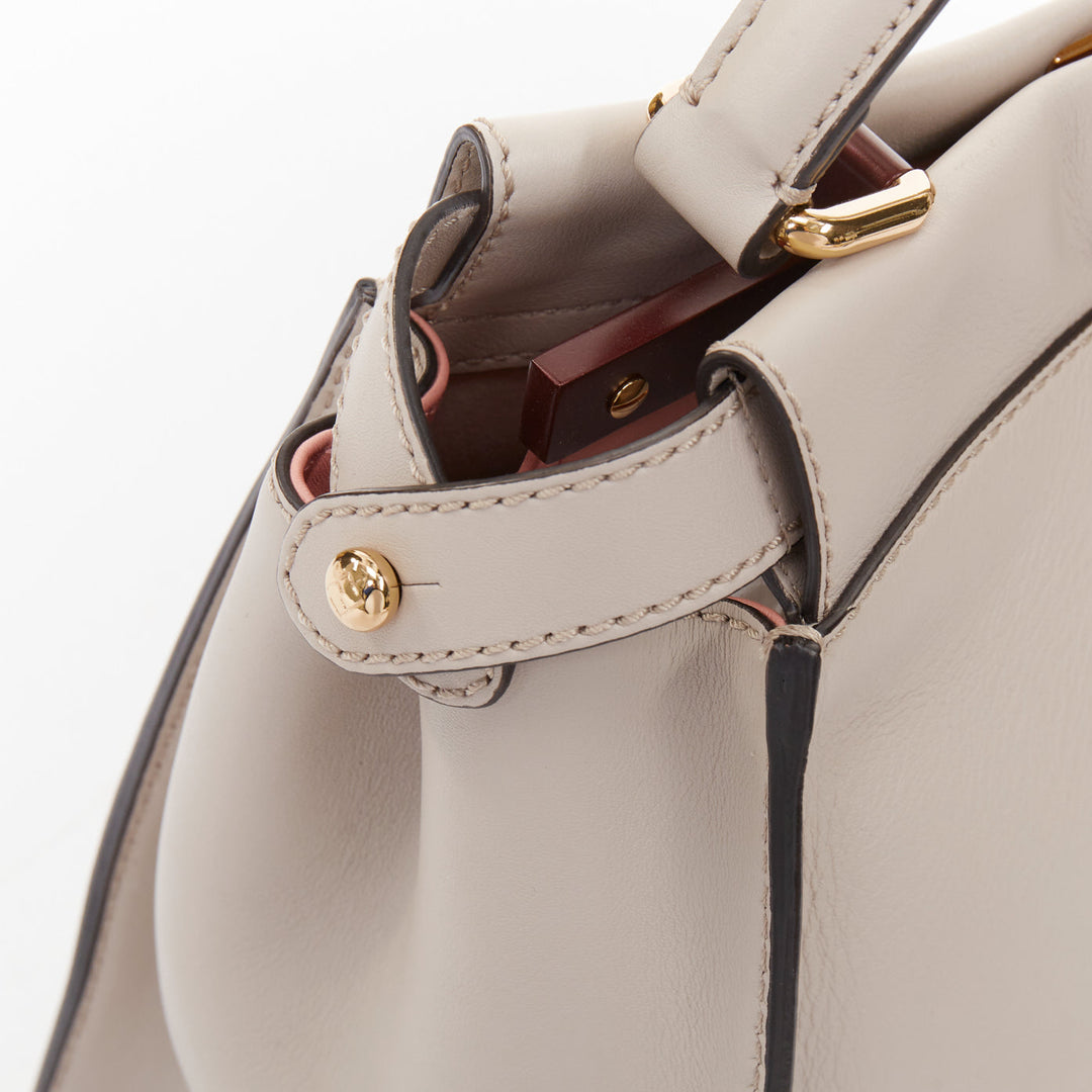 FENDI Peekaboo Medium Selleria Leather taupe grey enamel hardware top handle bag
