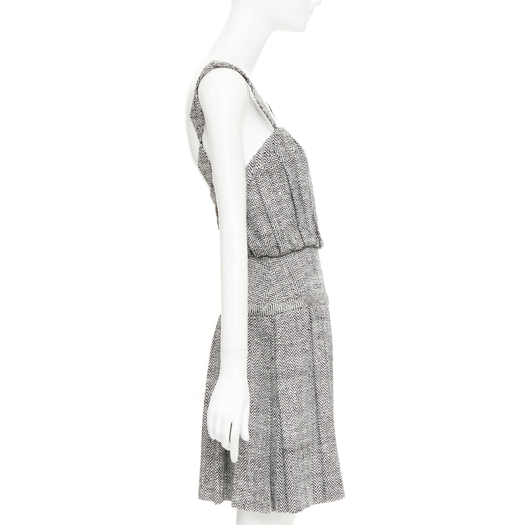 RODARTE Vintage grey Trompe loeil Herringbone silk pleated mini dress US4 S