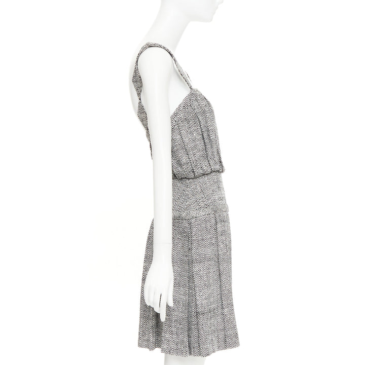 RODARTE Vintage grey Trompe loeil Herringbone silk pleated mini dress US4 S