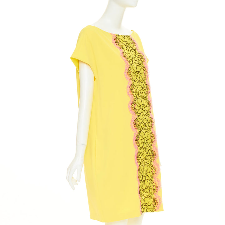 MOSCHINO  yellow pink triacetate floral lace applique shift dress IT42 M