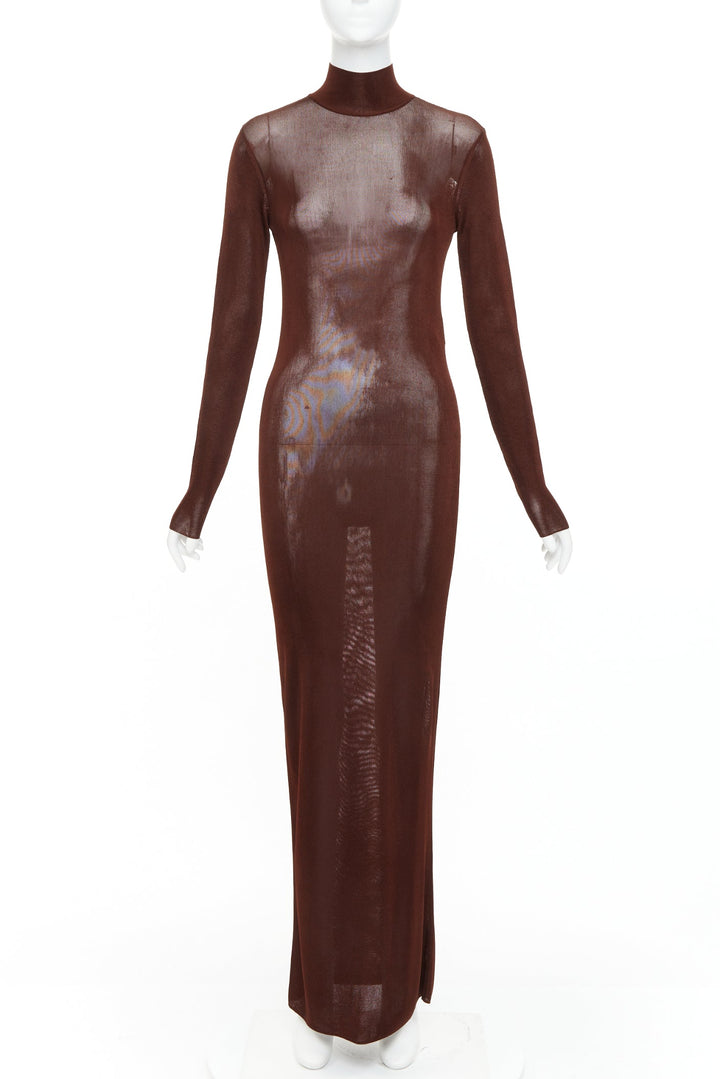 SAINT LAURENT 2023 Runway chocolate dark brown mock neck sheer knit maxi dress S