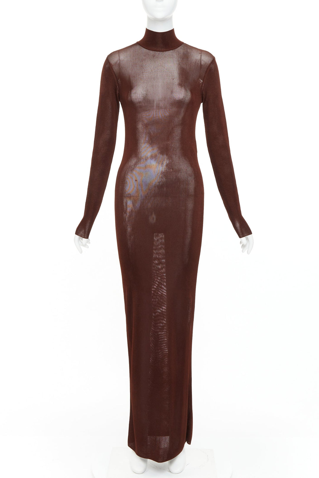 SAINT LAURENT 2023 Runway chocolate dark brown mock neck sheer knit dress XS