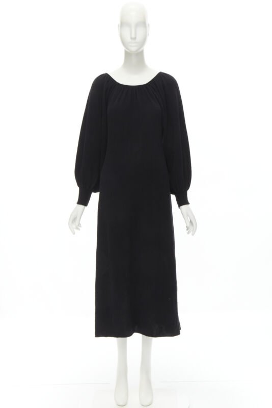 RYAN ROCHE 100% cashmere black pleated collar bubble sleeve midi dress S