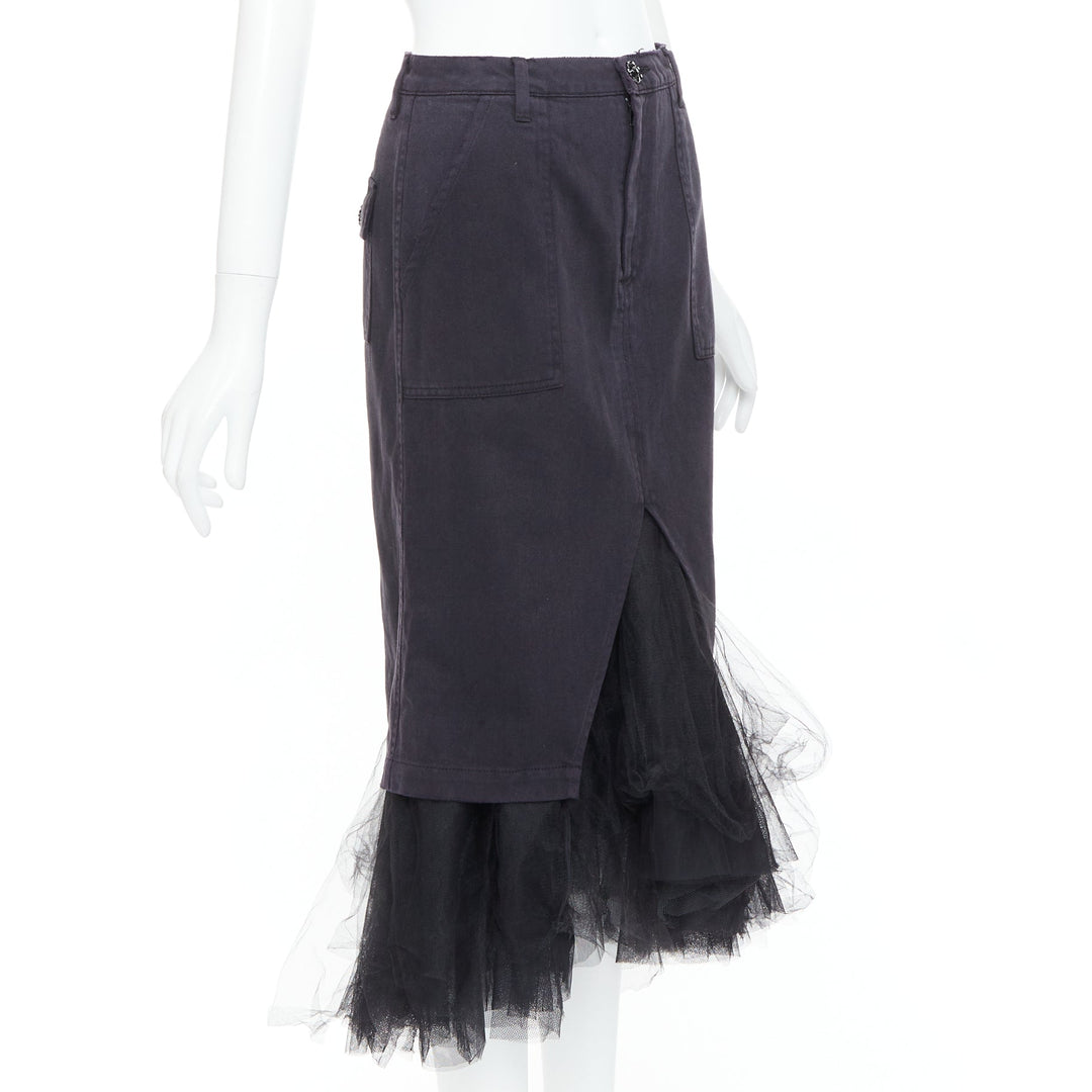 LE SUPERBE black denim tulle hem overlay crystal button midi skirt US0 XS