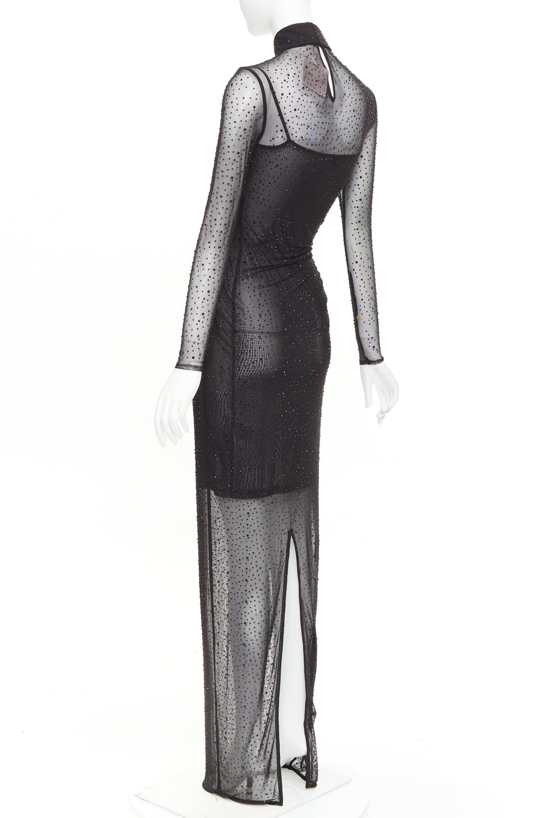 SAU LEE Kai black sheer mesh crystal cheongsam maxi gown US2 S