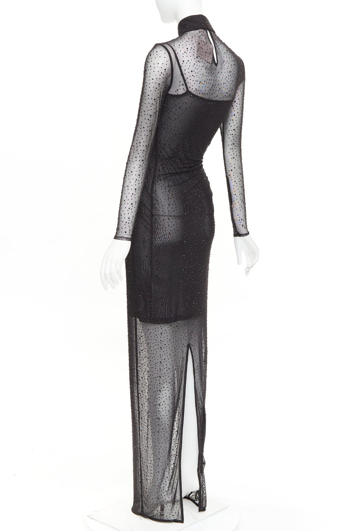 SAU LEE Kai black sheer mesh crystal cheongsam maxi gown US2 S