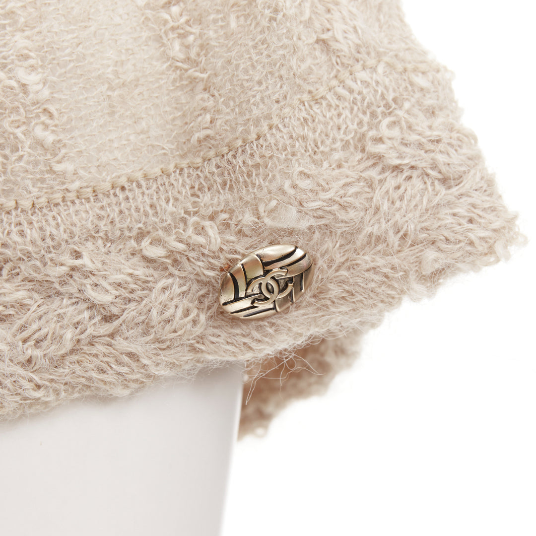 CHANEL cream beige alpaca blend textured knit CC short sleeve midi dress FR38 M