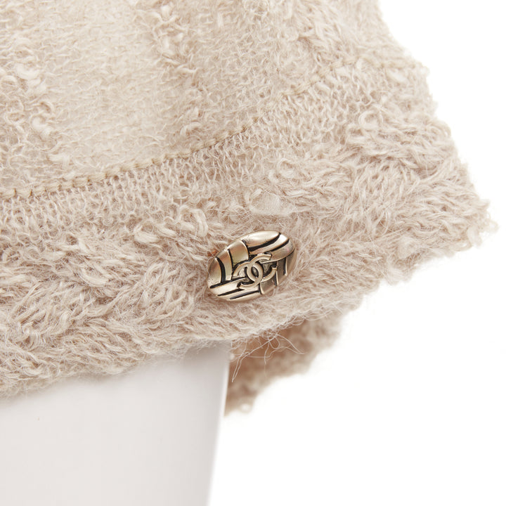 CHANEL cream beige alpaca blend textured knit CC short sleeve midi dress FR38 M
