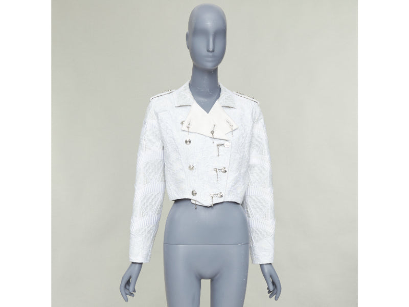 LOUIS VUITTON 2020 Runway ivory silver brocade military crop biker jacket FR36 S